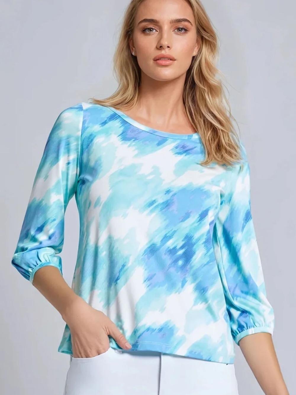 Jones New York Puff Sleeve Printed Moss Crepe Top